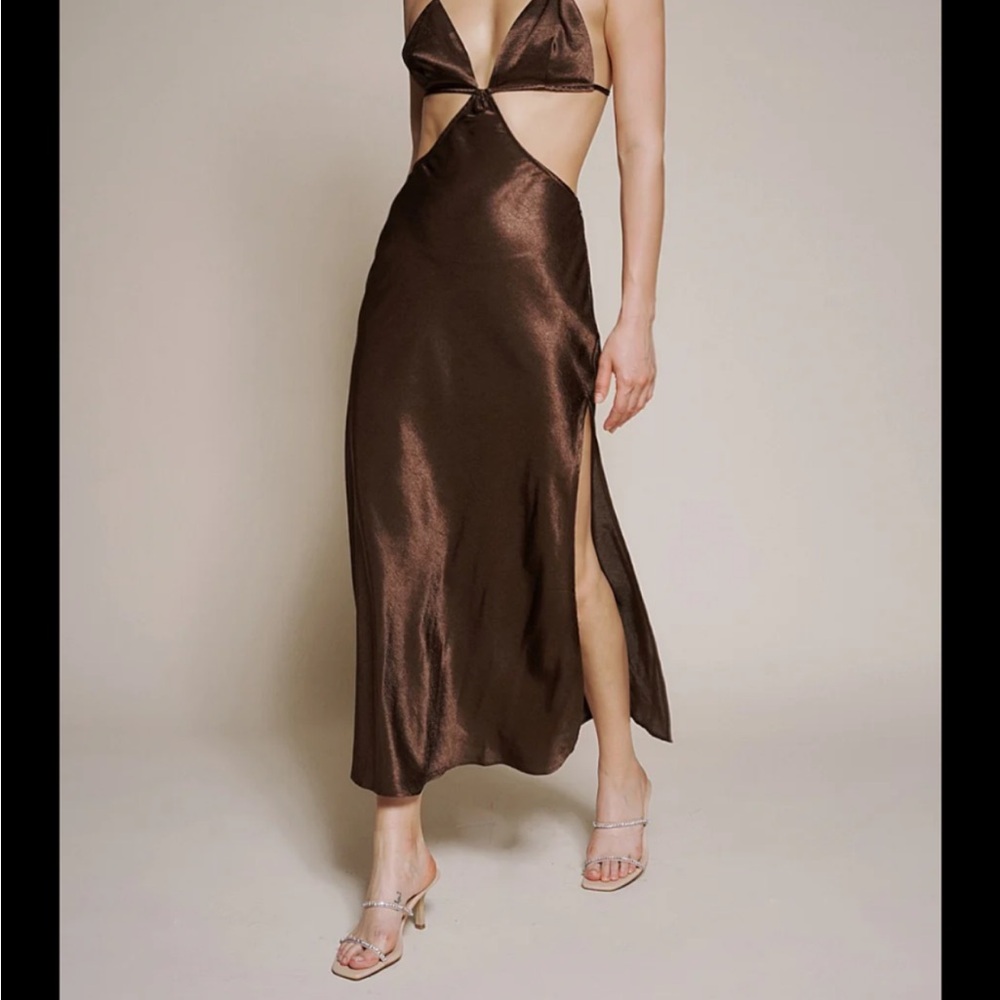 Elegant Brown Satin Cut-Out Dress